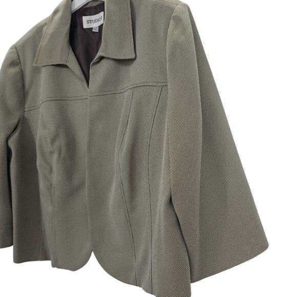 Studio I Womans size 20W Open Front Blazer Brown & White Twill Cropped Lined NEW - Picture 3 of 8